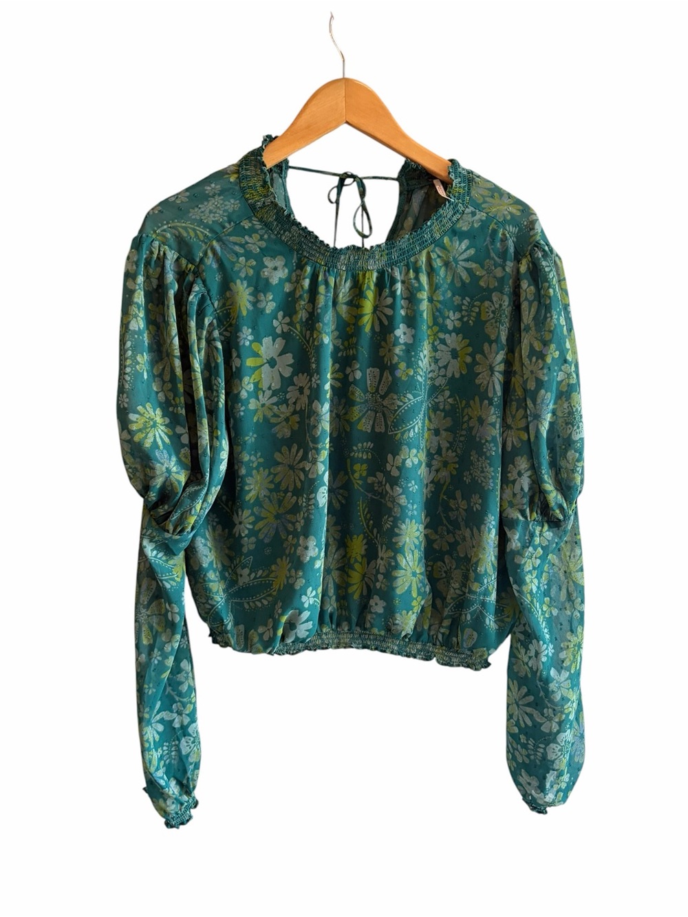 Free People Green Floral Sheer Sleeve Clarissa Print Top - Picture 4 of 8